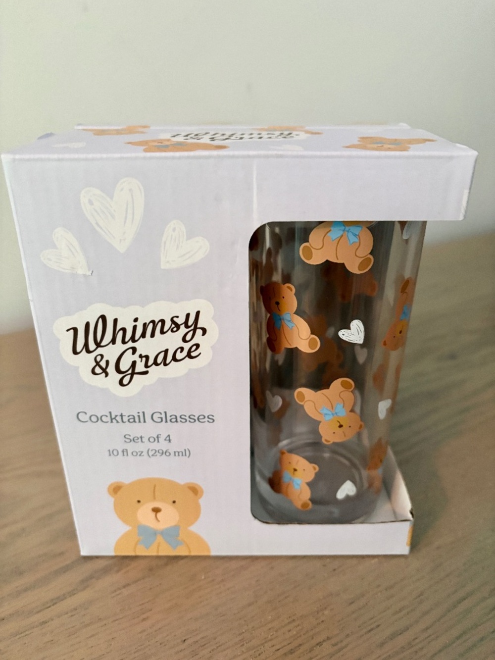Whimsy & Grace, Teddy Bear Pattern, Cocktail Glasses, 10ozs, Set of 4, New